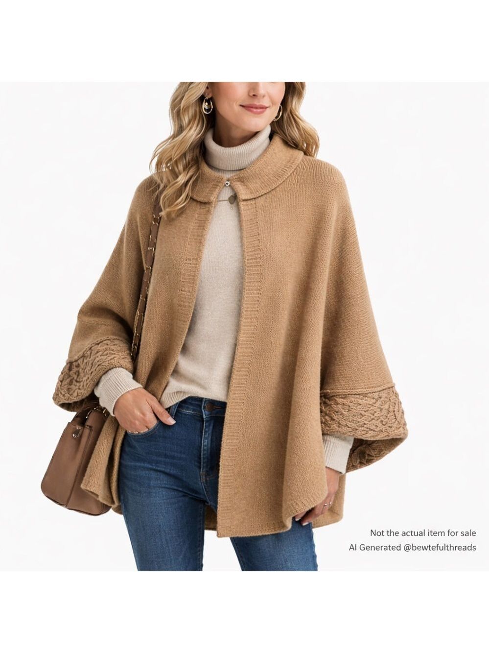 Cocogio One Size Camel Knit Cape Poncho Cable Cuff Italy